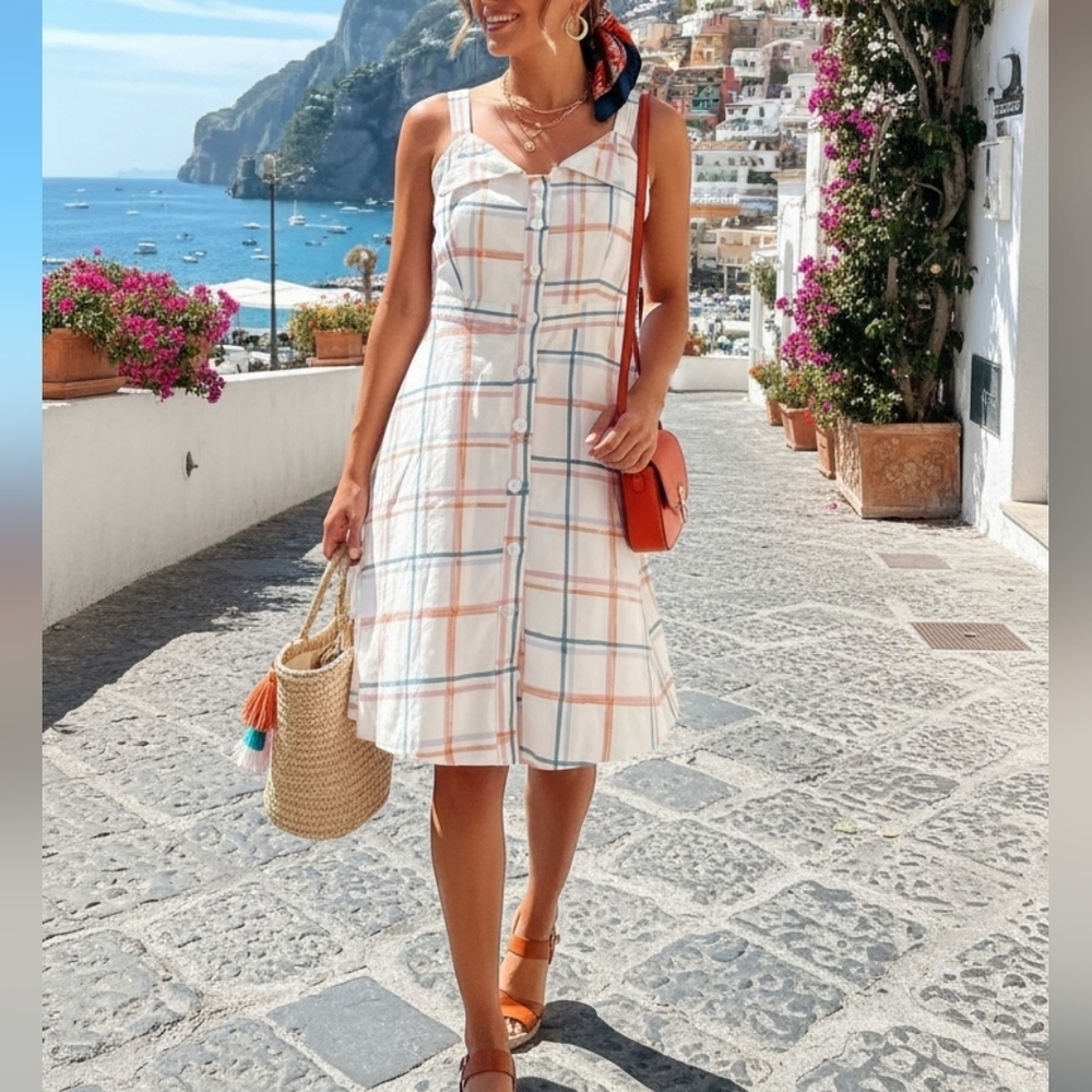 WAYF Summer Plaid Linen-Blend Checkered Button-Down Dress S